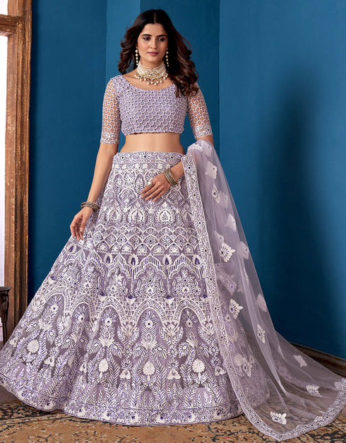 Traditional Function Wear Net Lehenga Choli Lavender Net Lehenga Choli Close-up View